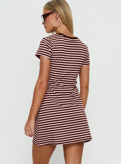 Settle Down Short Sleeve Mini Dress Pink / Brown Stripe