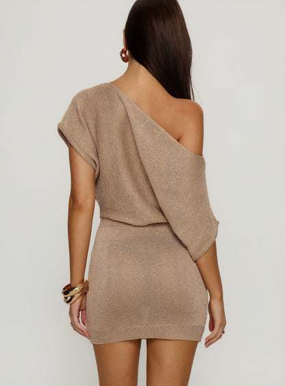 Kysa Off Shoulder Knit Mini Dress Beige