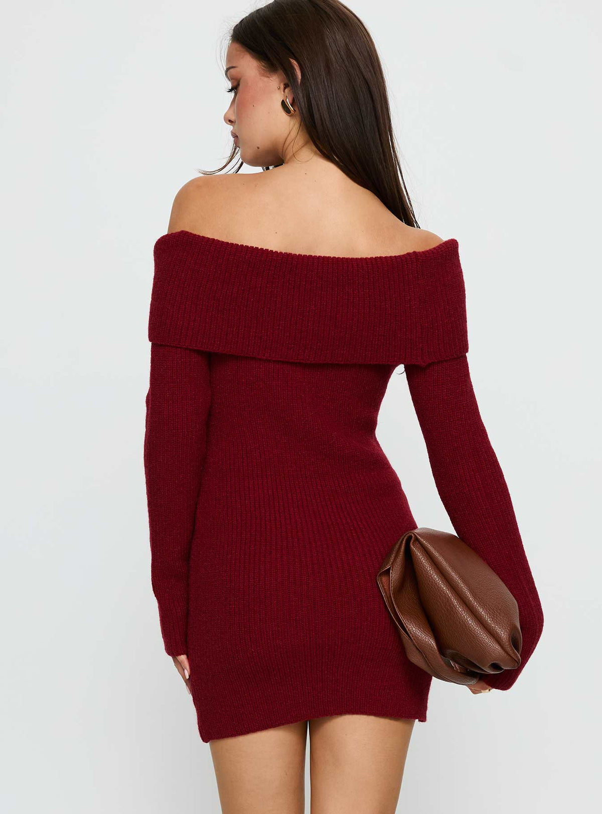 Noriko Long Sleeve Knit Mini Dress Burgundy