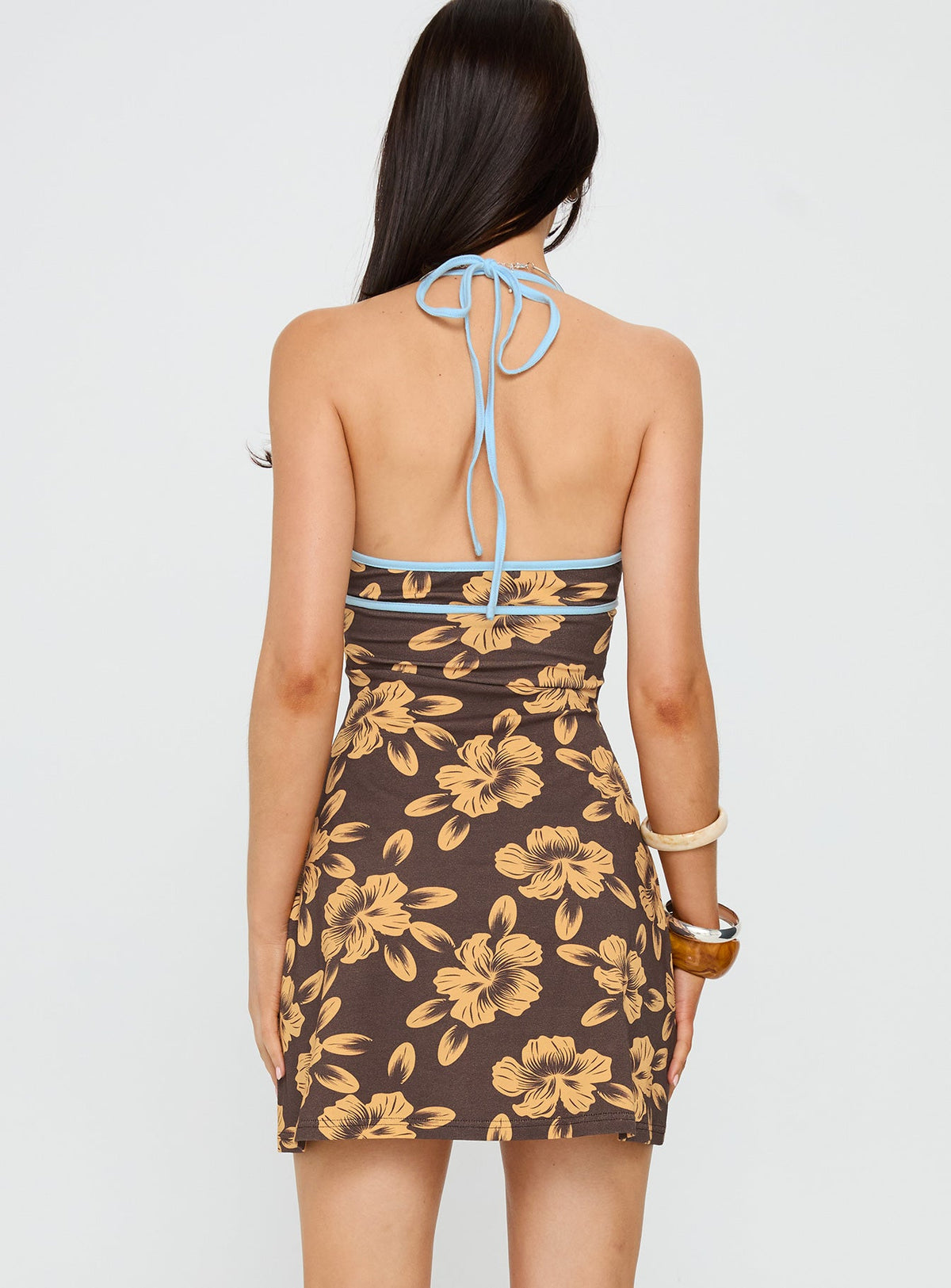 Mishie Halter Mini Dress Brown / Blue Floral
