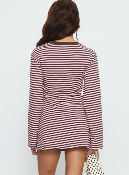 Lulolah Long Sleeve Mini Dress Chocolate / Pink Stripe