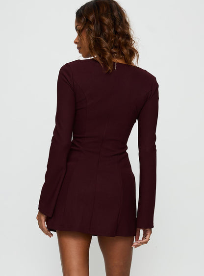 Encounters Long Sleeve Mini Dress Wine