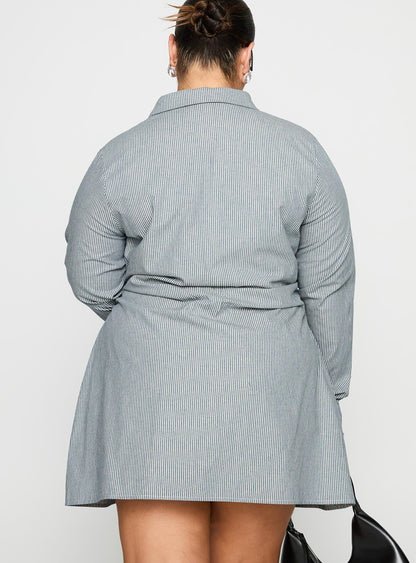 Publicity Long Sleeve Mini Dress Blue Pinstripe Curve