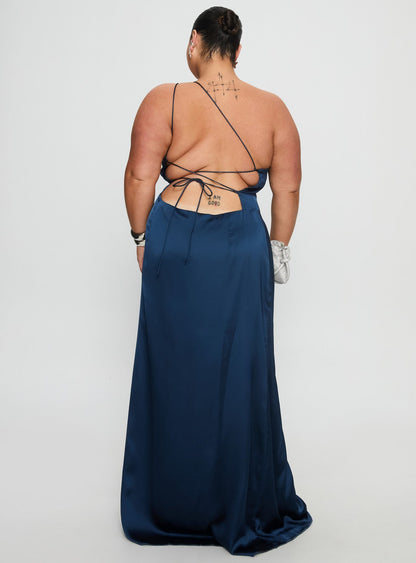 Kiss Of Life Satin Maxi Dress Navy Curve