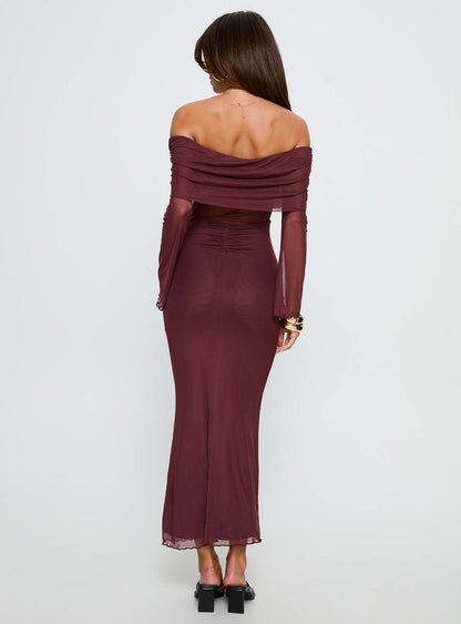 Velouria Off Shoulder Long Sleeve Maxi Dress Brown