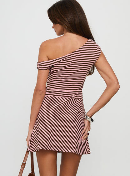 My Fun Off Shoulder Jersey Mini Dress Pink / Brown Stripe
