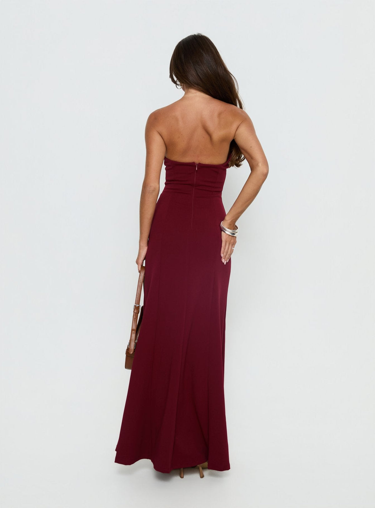 Diamanti Strapless High Slit Maxi Dress Burgundy
