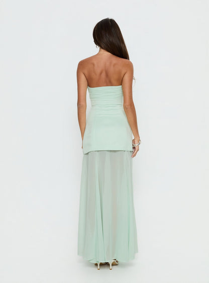 Flashy Sheer Chiffon Strapless Maxi Dress Green