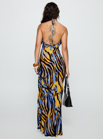 Virginia Beach Backless Maxi Dress Blue Zebra