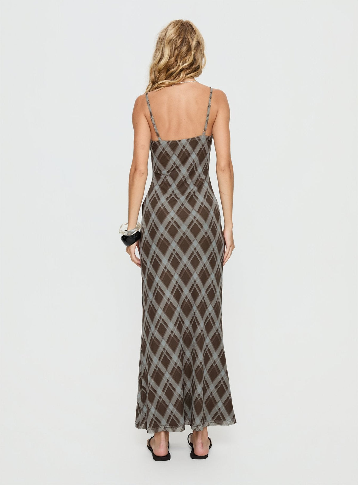 Idaline V Neck Maxi Dress Brown Check