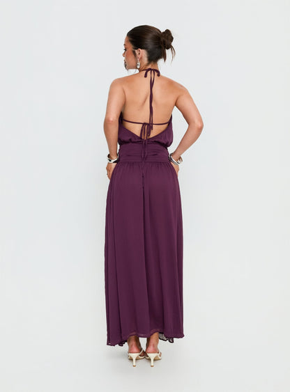Catherina Blouson Halter Maxi Dress Deep Purple