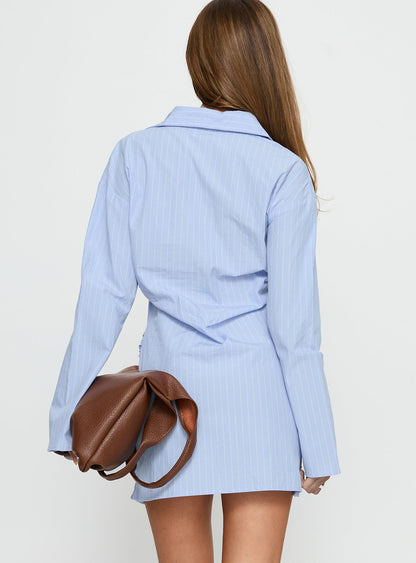 Well Versed Long Sleeve Ruched Shirt Mini Dress Blue