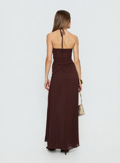 Kaemila Halter Chiffon Maxi Dress Brown