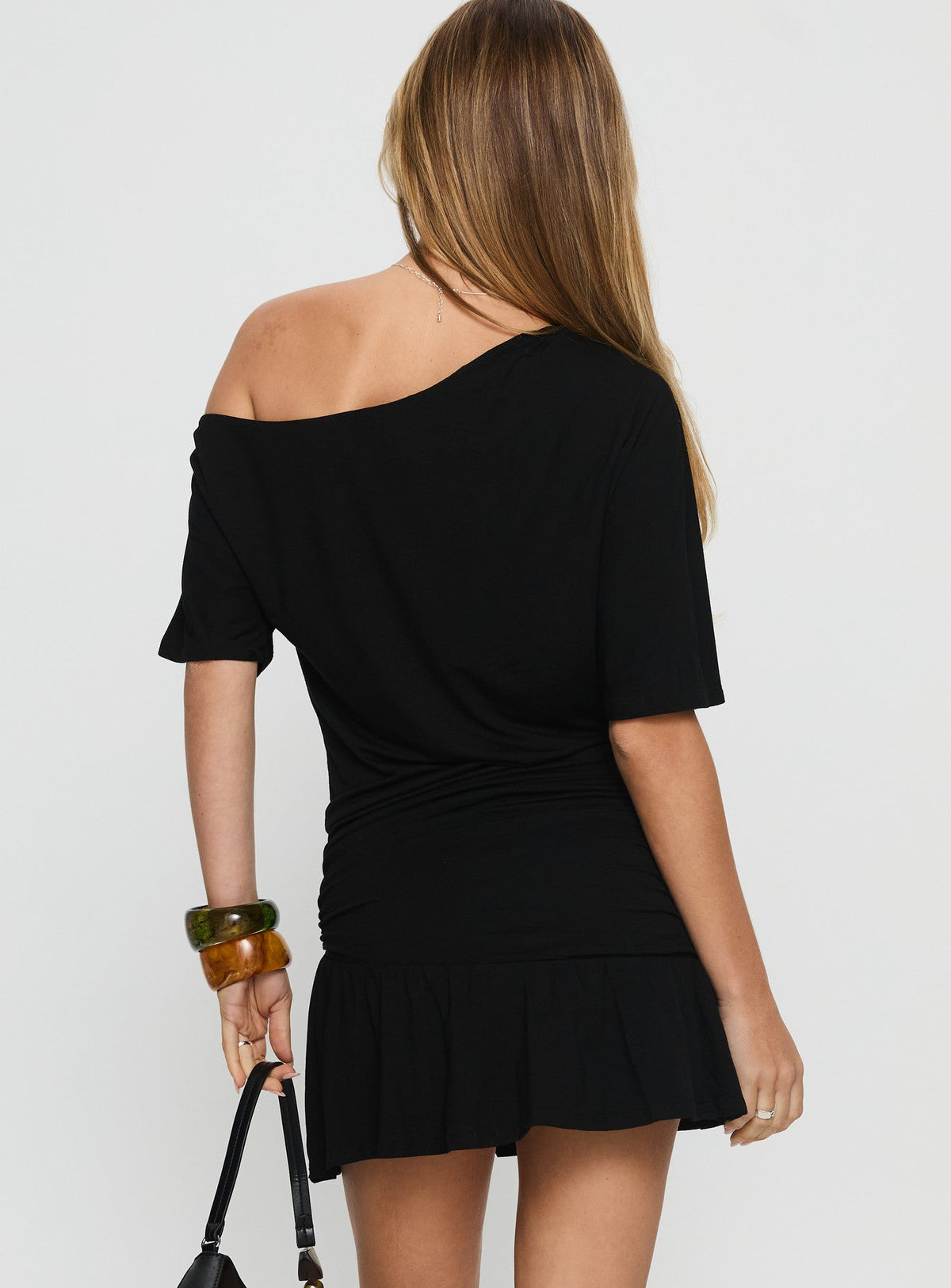 Haylo Off Shoulder Drape Mini Dress Black