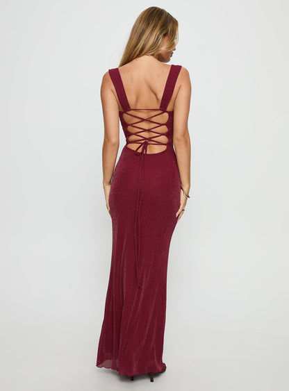 Crisanto Tie Up Ruched Maxi Dress Burgundy