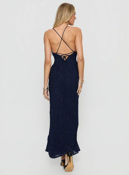 Alvera Fringe Beaded Maxi Dress Navy