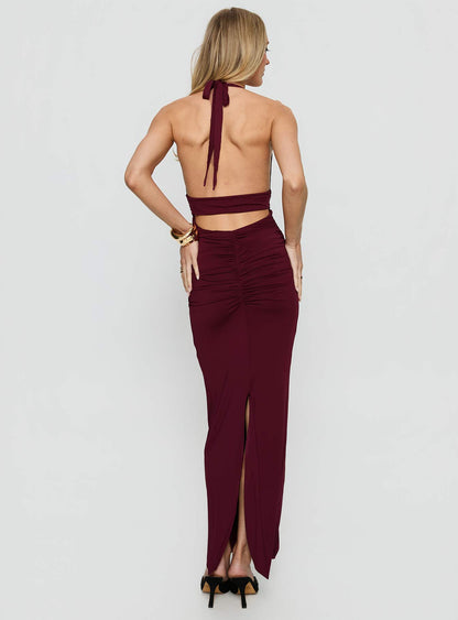 Best In Show Halter Hardware Maxi Dress Burgundy