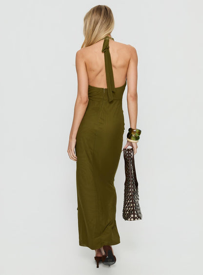 Feliza Keyhole Halter Maxi Dress Olive