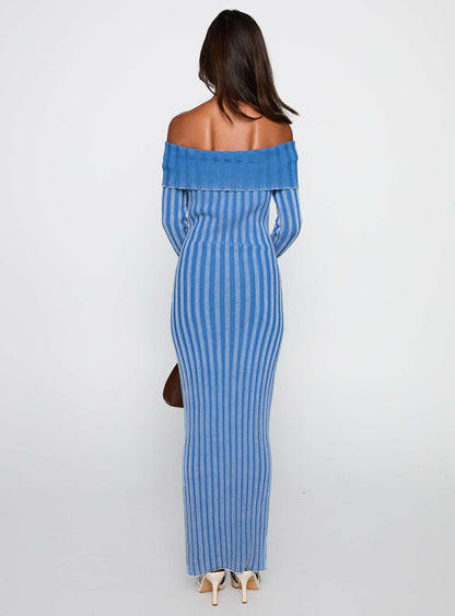 Mariska Long Sleeve Rib Maxi Dress Blue