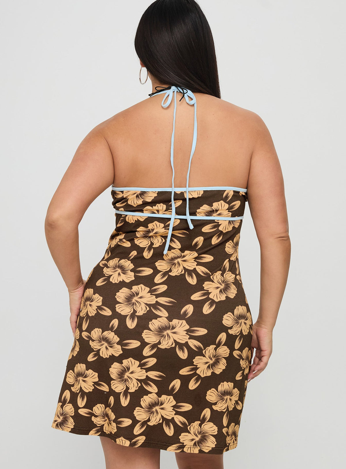 Mishie Halter Mini Dress Brown / Blue Floral Curve