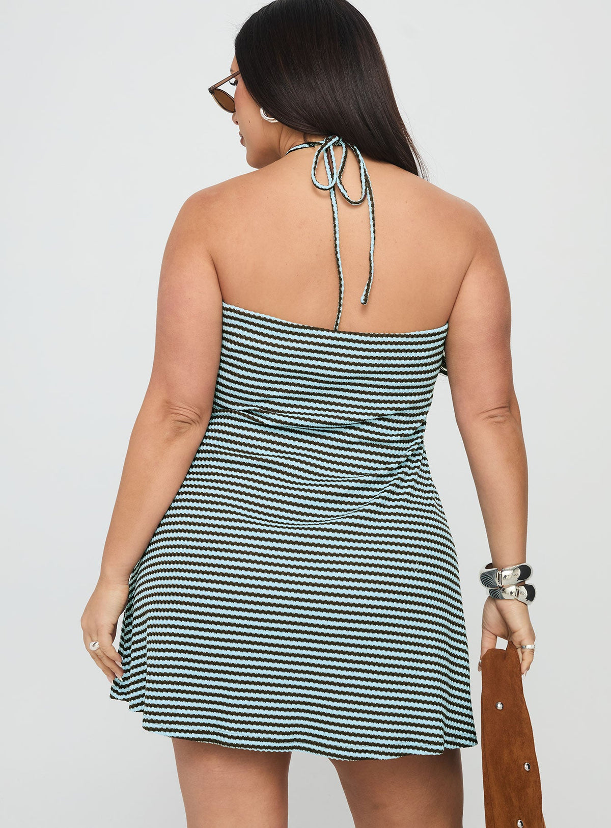 Knoxi Halter Jersey Mini Dress Blue / Brown Stripe Curve