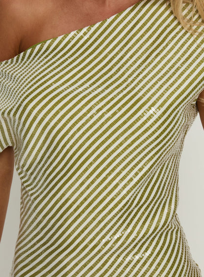 Speed Dial Off Shoulder Sequin Mini Dress Green Stripe