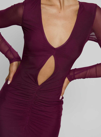 Darkside Long Sleeve Cut Out Plunge Maxi Dress Plum