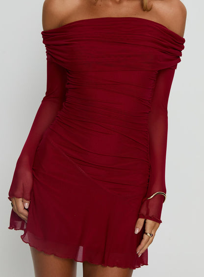 Koki Long Sleeve Off Shoulder Mini Dress Red