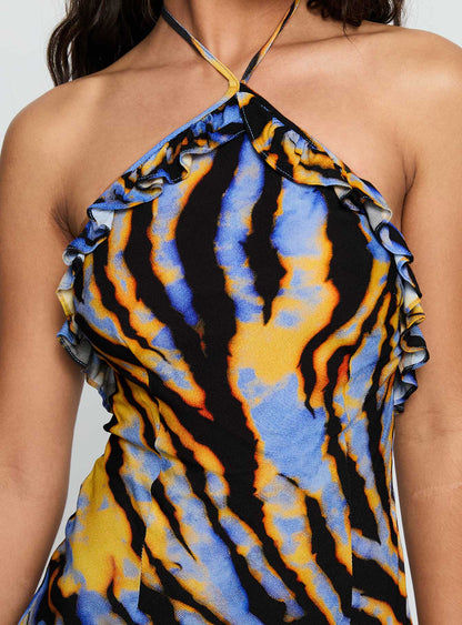 Virginia Beach Backless Maxi Dress Blue Zebra