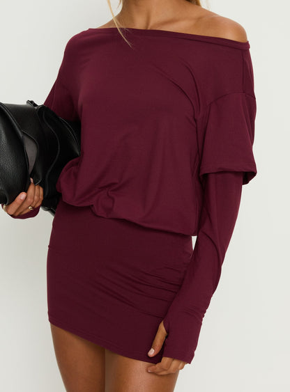 Jesselyn Long Sleeve Off Shoulder Mini Dress Burgundy