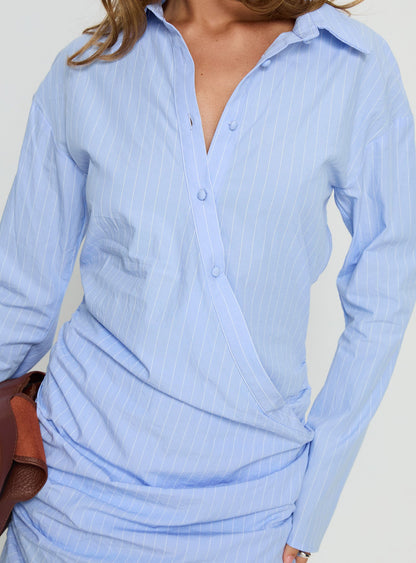 Well Versed Long Sleeve Ruched Shirt Mini Dress Blue