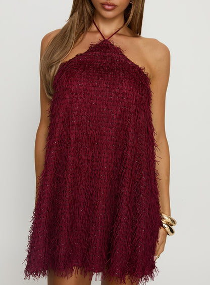 Koressa Halter Fringe Mini Dress Burgundy