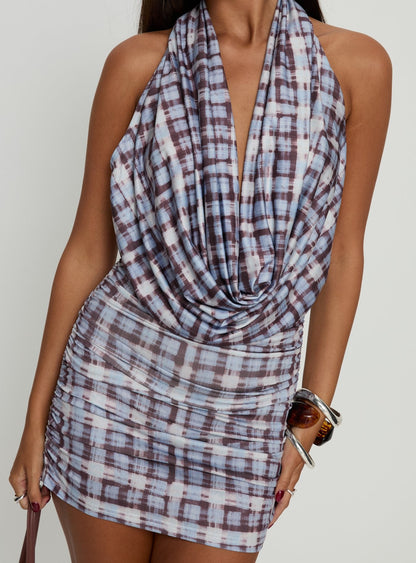Devora Halter Plunge Mini Dress Blue Plaid Multi