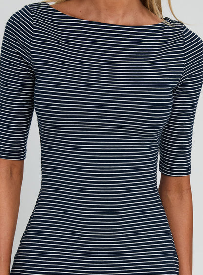 Evyna Boat Neck 3/4 Sleeve Mini Dress Navy Stripe