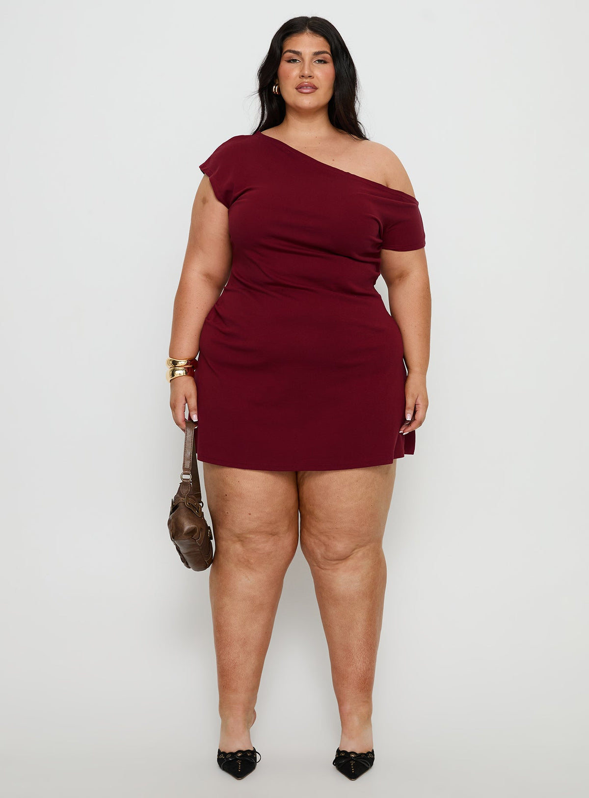 Prestige One Shoulder Mini Dress Burgundy Curve