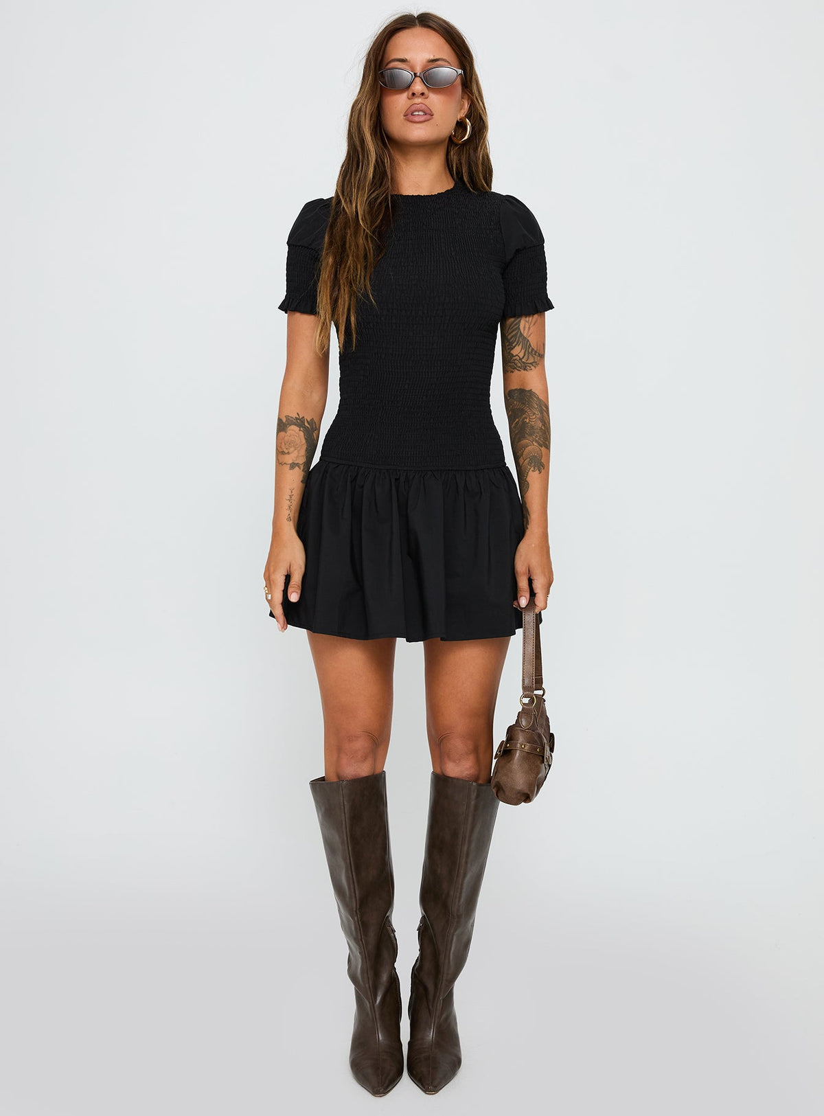 Laurita Shirred Mini Dress Black