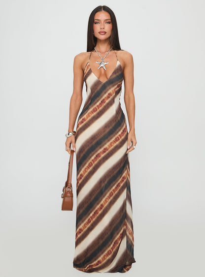 Esmira Halter Maxi Dress Brown Stripe