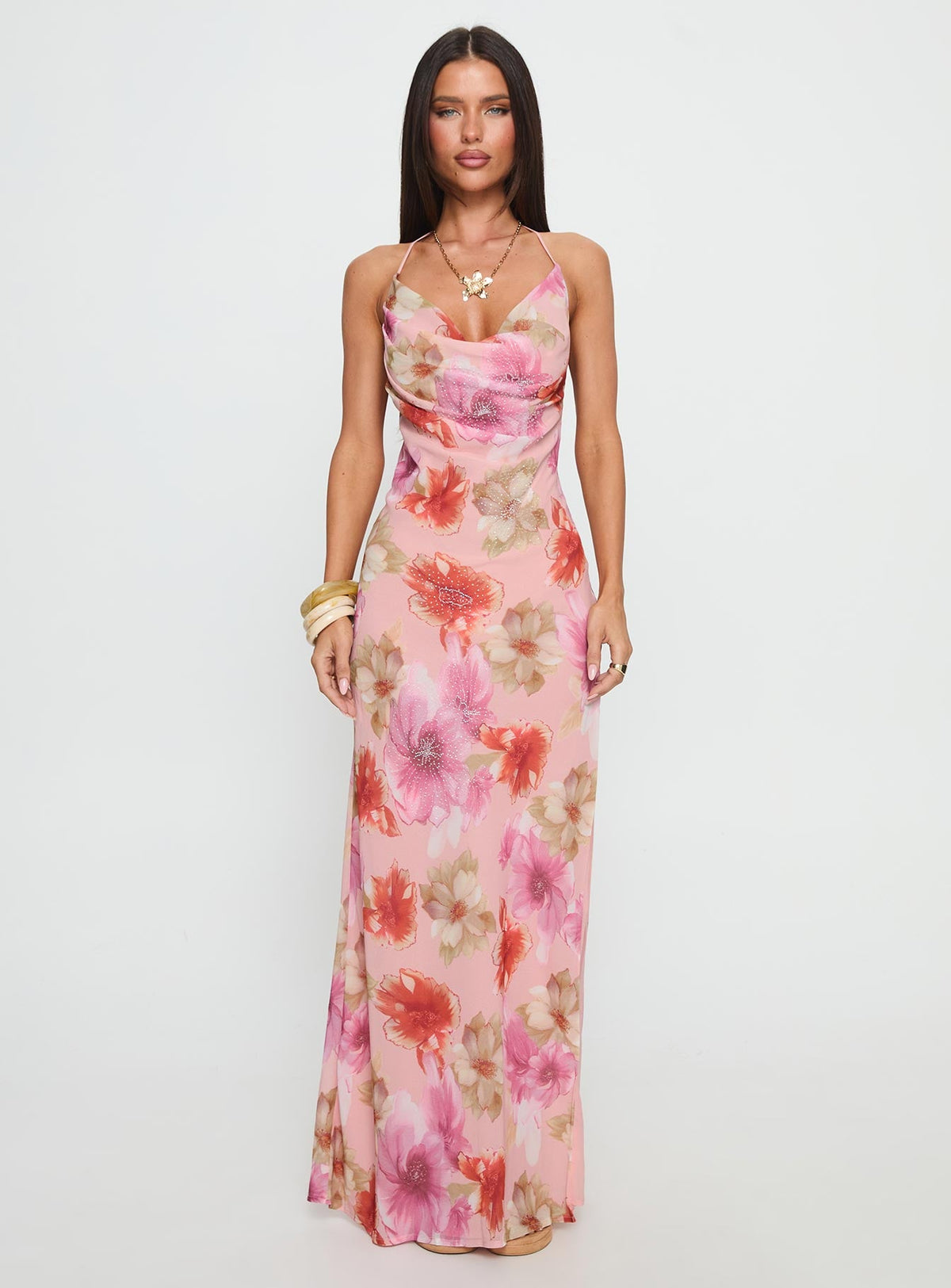 Sibellah Beaded Cowl Neck Maxi Dress Pink Multi