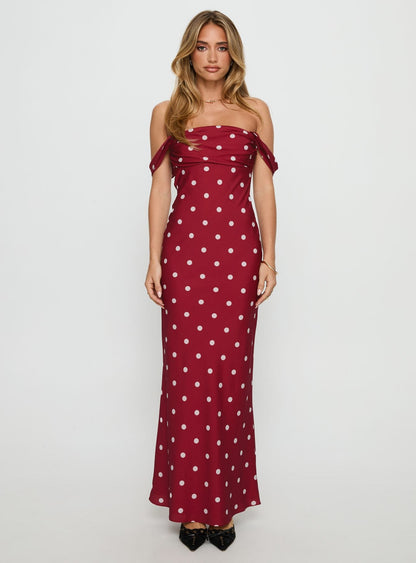 End Credits Off Shoulder Pleat Maxi Dress Red / Polka Dot