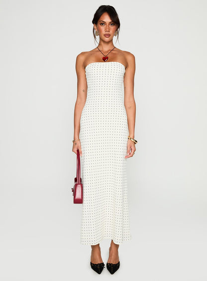 Just For Fun Strapless Maxi Dress White Polka Dot