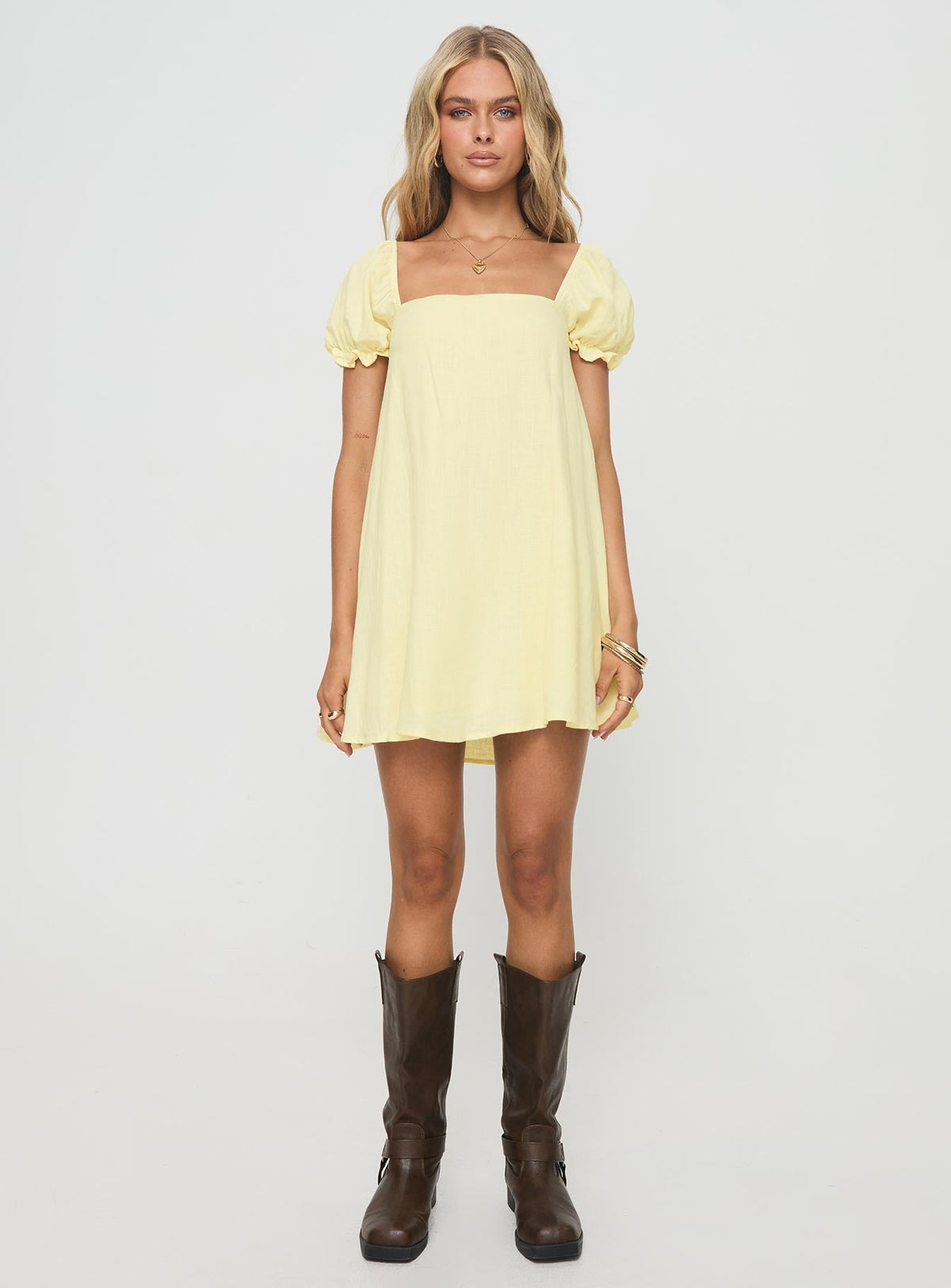 Beyond Linen Blend Mini Dress Yellow