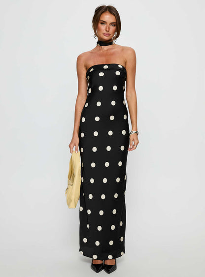 Madilaine Strapless Scarf Maxi Dress Black / Polka Dot