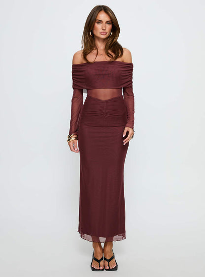 Velouria Off Shoulder Long Sleeve Maxi Dress Brown