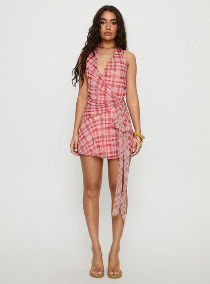 Brissa Halter Wrap Mini Dress Brown Orange Multi