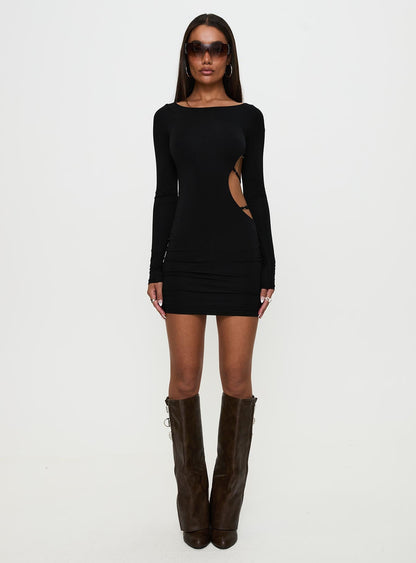 Rowin Long Sleeve Cut Out Mini Dress Black