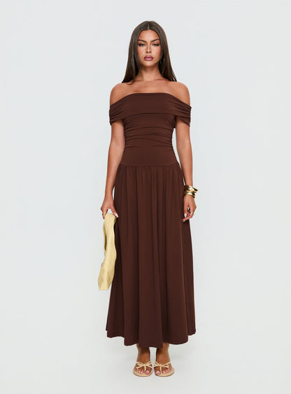 Katalia Off Shoulder Maxi Dress Chocolate Brown