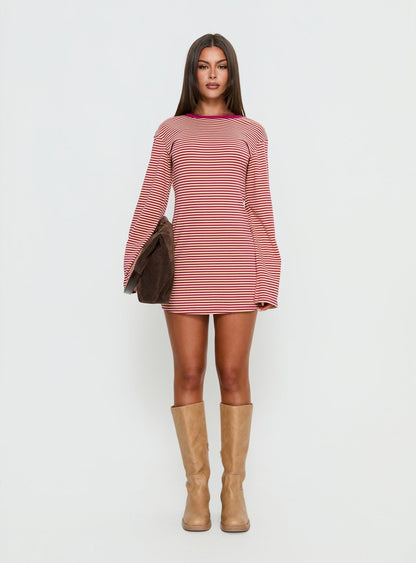 Lulolah Long Sleeve Mini Dress Lemon / Burgundy Stripe