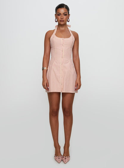 Mallorie Halter Mini Dress Pink Stripe