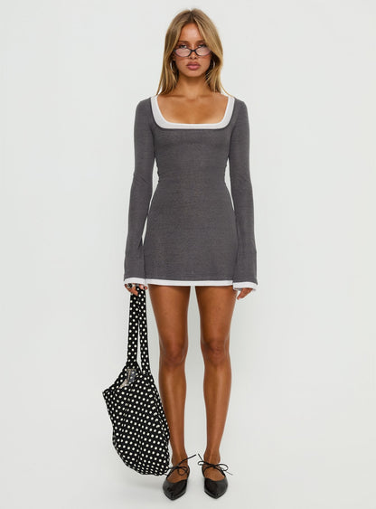 Adoree Long Sleeve Layered Mini Dress Grey / White