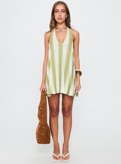 Khaia Halter Mini Dress Green / Cream Stripe